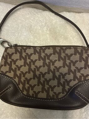 Brown Patterned Canvas Wristlet Shoulder Bag